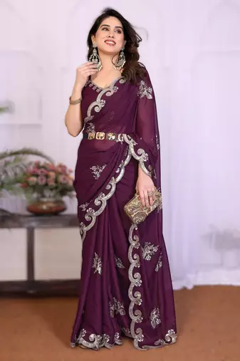 wine rich heavy star georgette art silk saree with sequins embroidery work
