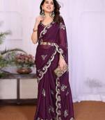 wine rich heavy star georgette art silk saree with sequins embroidery work