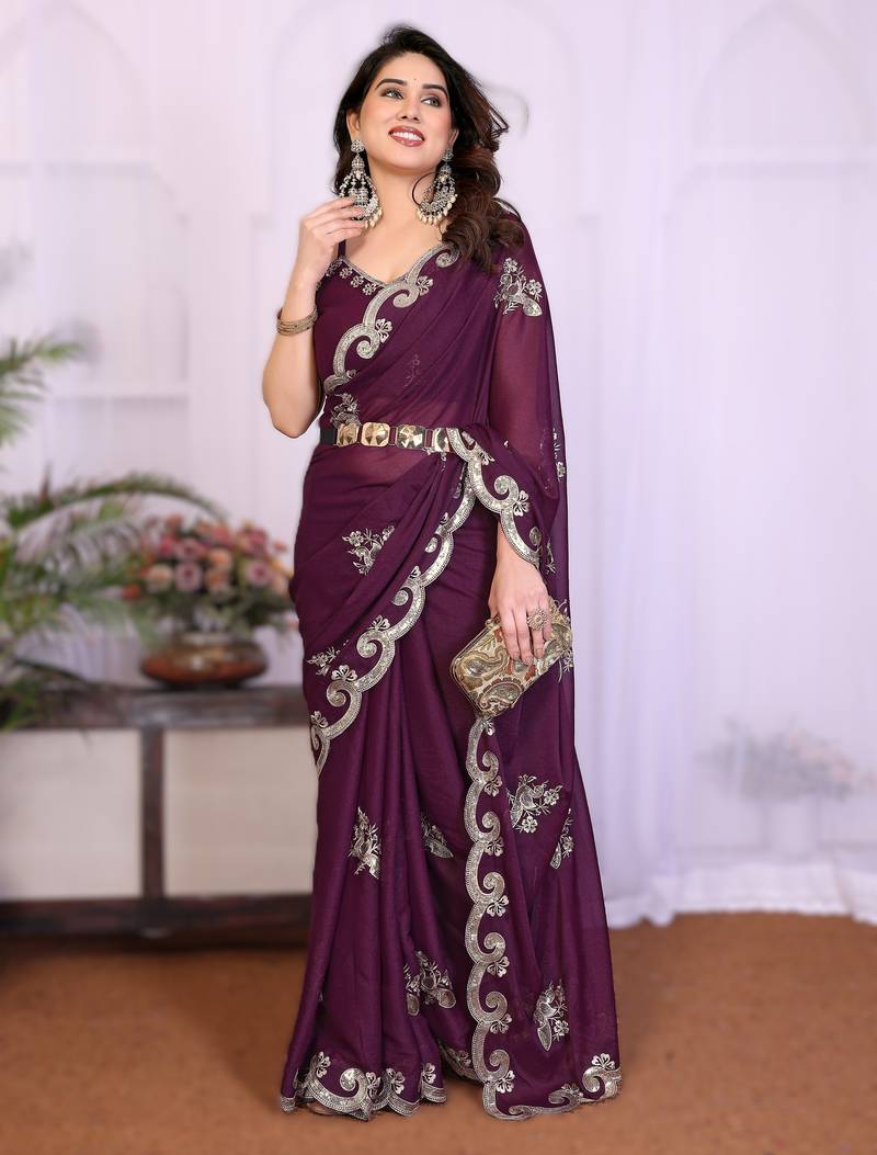 wine rich heavy star georgette art silk saree with sequins embroidery work