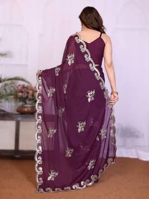 wine rich star georgette art silk blend saree with sequins embroidery work 2