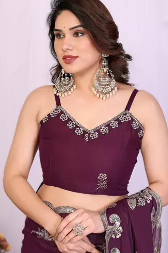 wine rich star georgette art silk blend saree with sequins embroidery work