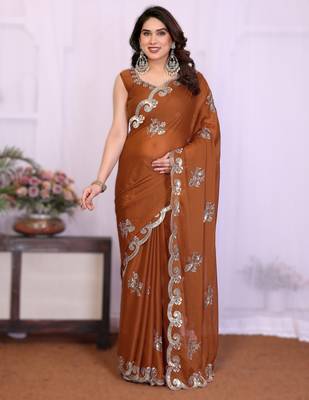  brown rich star georgette art silk blend saree with sequins embroidery work 1