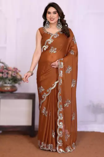  brown rich heavy star georgette art silk saree with sequins embroidery work