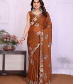  brown rich heavy star georgette art silk saree with sequins embroidery work