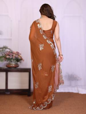  brown rich star georgette art silk blend saree with sequins embroidery work 2