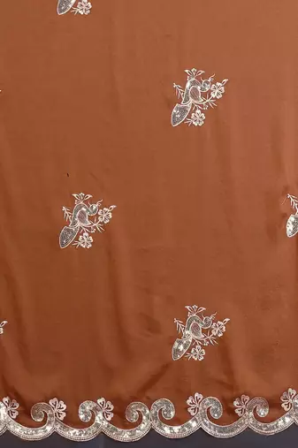  brown rich star georgette art silk blend saree with sequins embroidery work