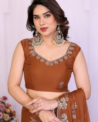  brown rich star georgette art silk blend saree with sequins embroidery work 4