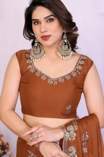  brown rich star georgette art silk blend saree with sequins embroidery work