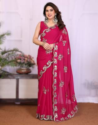 pink rich star georgette art silk blend saree with sequins embroidery work 1