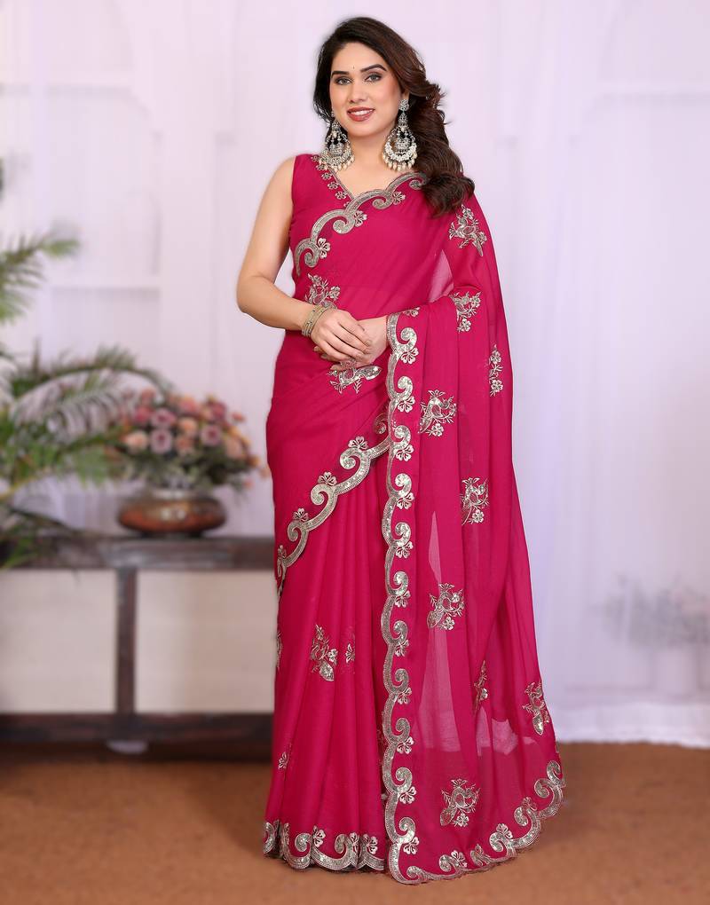 pink rich heavy star georgette art silk saree with sequins embroidery work