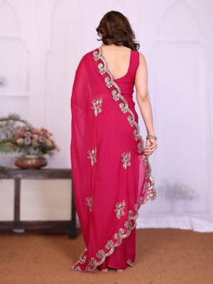 pink rich star georgette art silk blend saree with sequins embroidery work 2