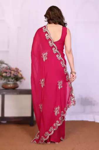 pink rich star georgette art silk blend saree with sequins embroidery work