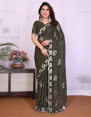  mehendi rich star georgette art silk blend saree with sequins embroidery work 1