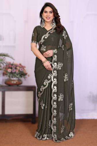  mehendi rich heavy star georgette art silk saree with sequins embroidery work