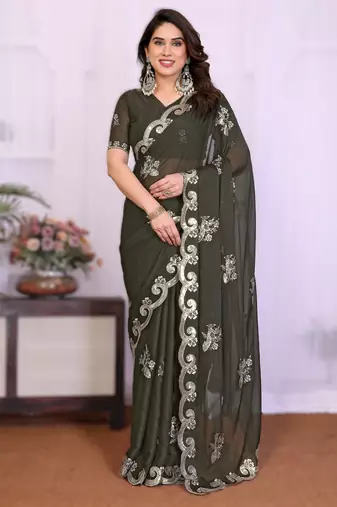  mehendi rich heavy star georgette art silk saree with sequins embroidery work