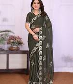  mehendi rich heavy star georgette art silk saree with sequins embroidery work