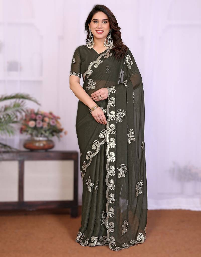  mehendi rich heavy star georgette art silk saree with sequins embroidery work