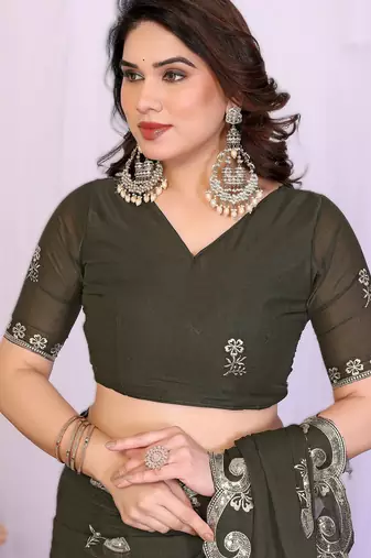  mehendi rich star georgette art silk blend saree with sequins embroidery work