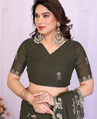  mehendi rich star georgette art silk blend saree with sequins embroidery work 5