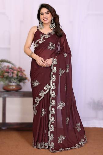 burgundy rich heavy star georgette art silk saree with sequins embroidery work