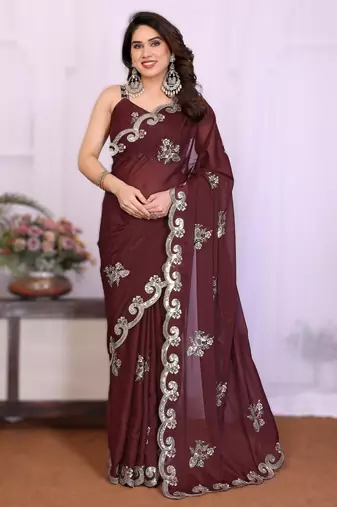 burgundy rich heavy star georgette art silk saree with sequins embroidery work