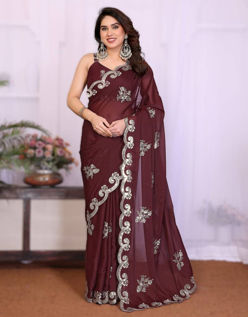 burgundy rich heavy star georgette art silk saree with sequins embroidery work