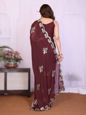 burgundy rich star georgette art silk blend saree with sequins embroidery work 2