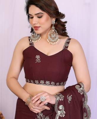 burgundy rich star georgette art silk blend saree with sequins embroidery work 4