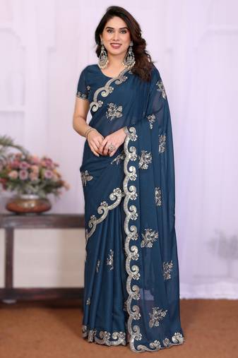 morpich rich heavy star georgette art silk saree with sequins embroidery work