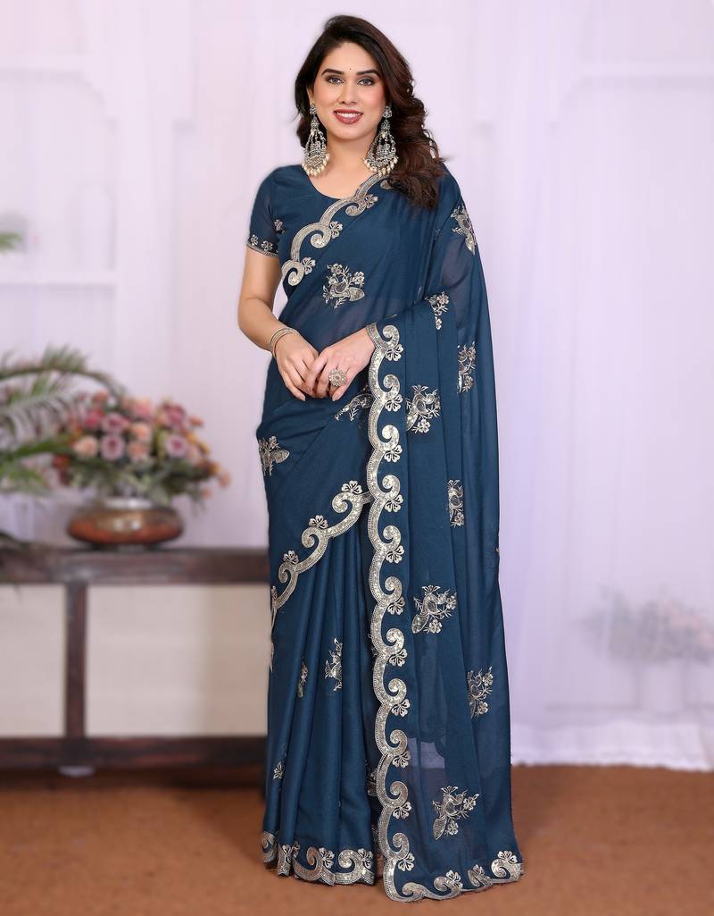 morpich rich heavy star georgette art silk saree with sequins embroidery work