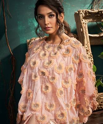 Pink embroidered organza co ord set with cape 1