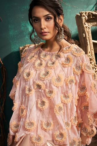 Pink embroidered organza co ord set with cape