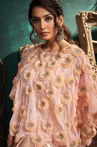 Pink embroidered organza co ord set with cape