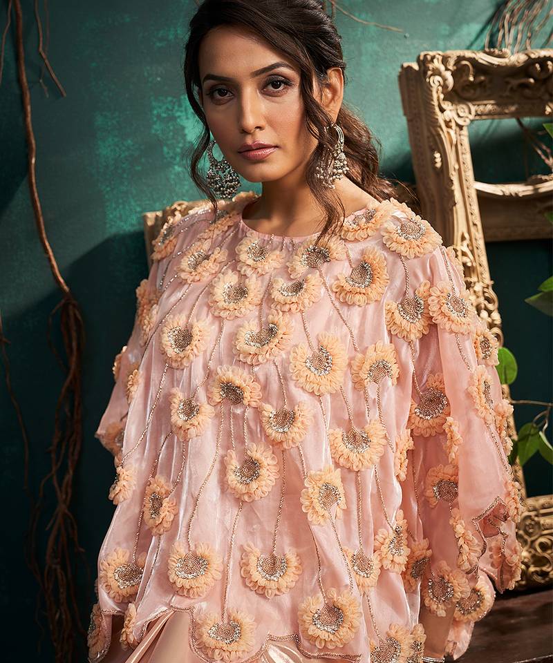 Pink embroidered organza co ord set with cape