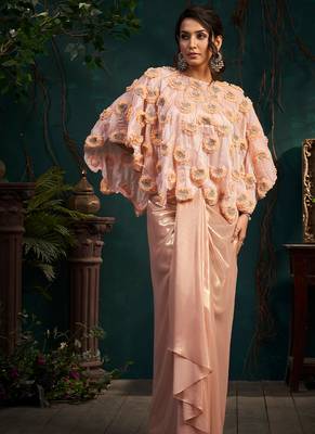 Pink embroidered organza co ord set with cape 2
