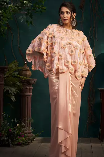 Pink embroidered organza co ord set with cape