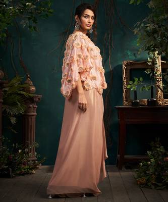 Pink embroidered organza co ord set with cape 3