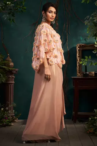 Pink embroidered organza co ord set with cape