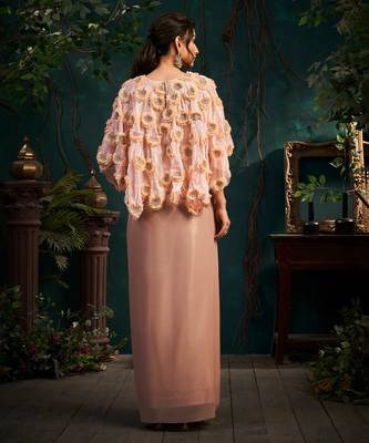 Pink embroidered organza co ord set with cape 4