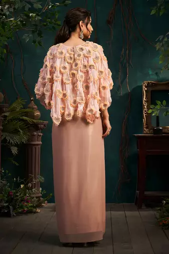 Pink embroidered organza co ord set with cape