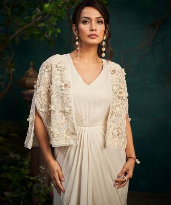 White embroidered satin dress with cape 2