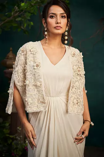 White embroidered satin dress with cape