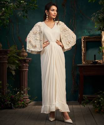 White embroidered satin dress with cape 3