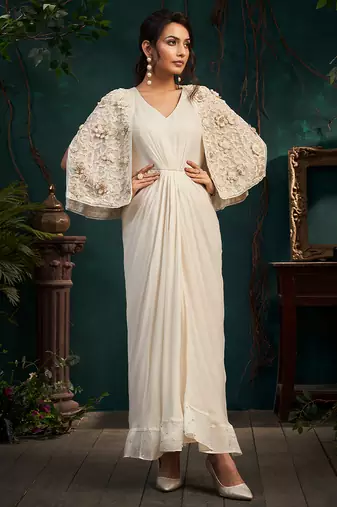 White embroidered satin dress with cape