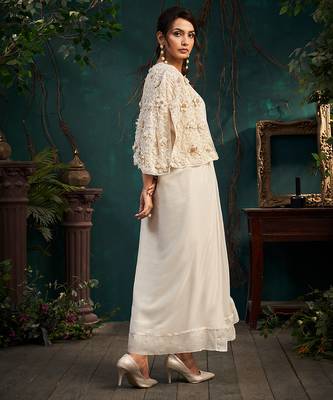 White embroidered satin dress with cape 4