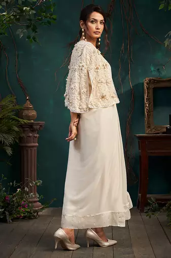 White embroidered satin dress with cape