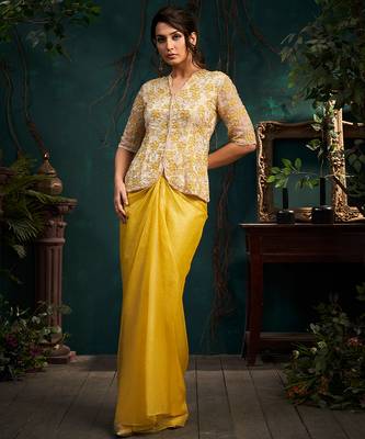 Yellow embroidered organza co ord set 1