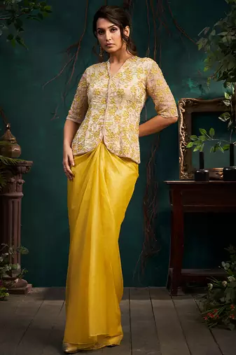 Yellow embroidered organza co ord set