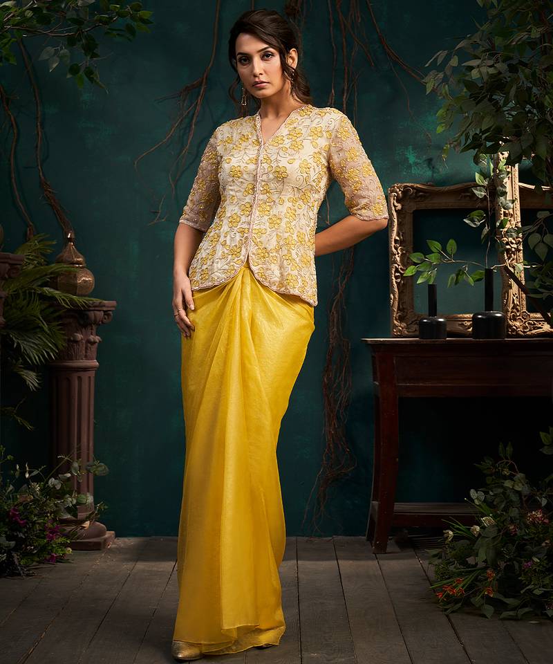Yellow embroidered organza co ord set