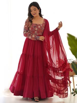Maroon Embroidered Georgette Festive Wear Gown With Dupatta 1